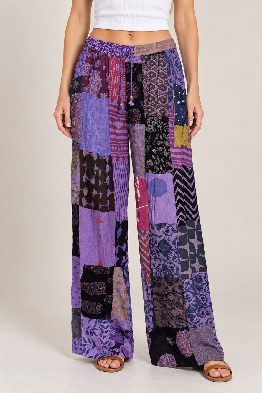 Boho Kantha Patchwork Wide Leg Pants Made In India One Size OS Fits S-XL